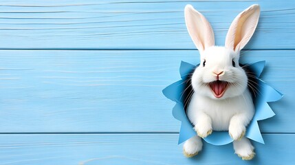 Obraz premium Easter bunny breaking through blue wood background