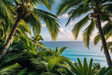 Obraz premium Lush Palm Foliage Showcasing Tropical Paradise Coast and Ocean Horizon