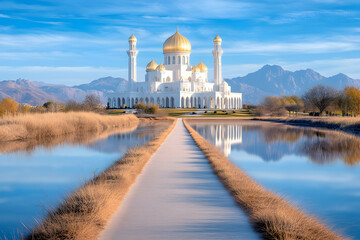 Fototapeta premium Majestic mosque with a pathway reflecting on calm water. Tranquil morning light on a beautiful landmark