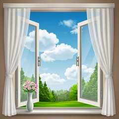 Open window with view of nature and vase of flowers on the windowsill
