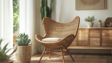 Wicker Chair in a Sunlit Room Surrounded by Natural Wood Furniture and Lush Succulents 