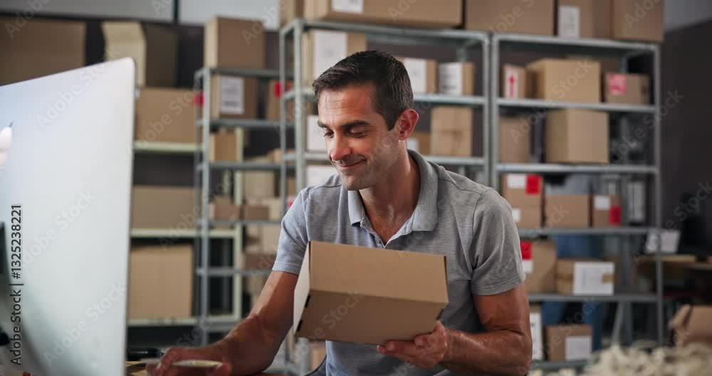 Poster small business, computer and man with order, warehouse and planning for delivery with tech and logis