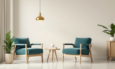 Cozy living room with two teal armchairs and table with books and vase