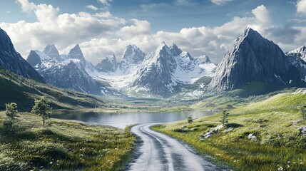 Fototapeta premium Scenic Road Leading to Majestic High Mountains in Senja Island Landscape View