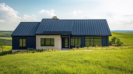 A modern, sleek house with a deep navy blue roof and a smooth stone exterior, sitting on a lush green hill