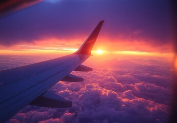 Obraz premium Stunning Sunset View from Airplane Window Over Clouds, Vibrant Colors of Pink, Orange, and Purple in Sky, Travel Inspiration for Adventurers and Dreamers