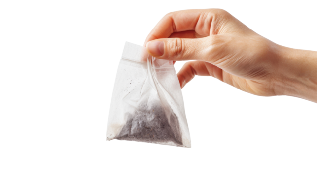 Woman hand holding single use tea bag on transparent background