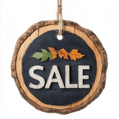 Rustic Autumn Sale Sign with Leaves on White Background