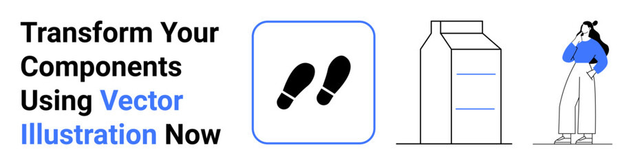Bold text with footsteps icon, tall carton, and person holding chin thoughtfully. Ideal for creativity, design, inspiration, branding, marketing UIUX advertising. Great for flat landing page banner