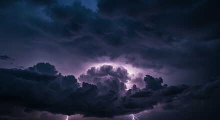 Dramatic purple lightning strikes dark storm clouds powerfully. AI Generated