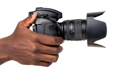Photographer holding digital camera with transparent background