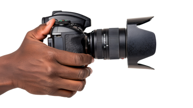 Photographer holding digital camera with transparent background - Powered by Adobe