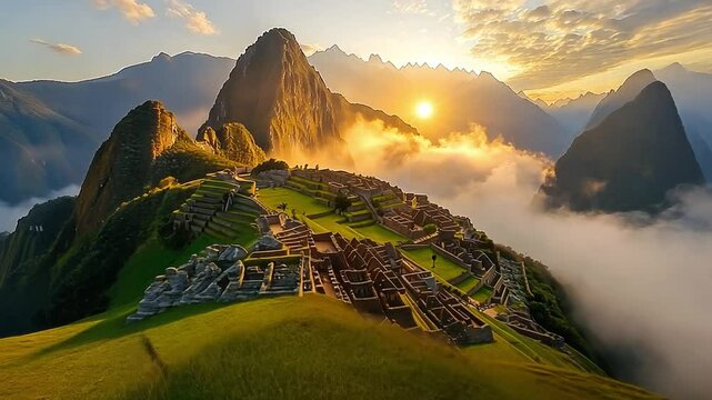 This sun rises majestically over Machu Picchu, illuminating the ruins and surrounding mountains.