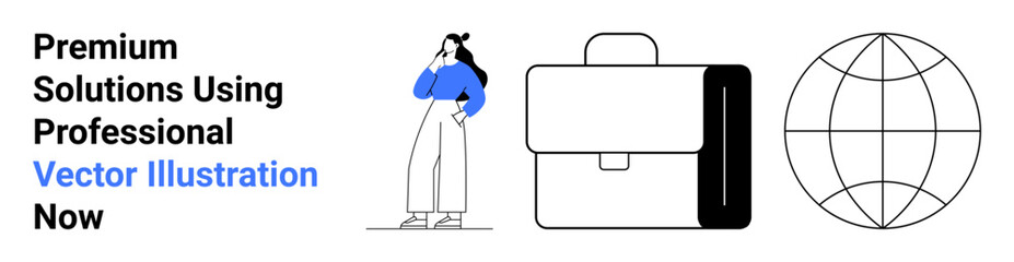 Woman in thoughtful pose, modern briefcase, and a globe outline. Ideal for business, planning, global connection, strategy, professionalism, career collaboration flat landing page banner