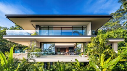 Fototapeta premium A modern villa with expansive glass windows and a chic balcony, situated amidst lush, carefully designed landscaping