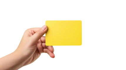 Woman hand holding yellow card on transparent background