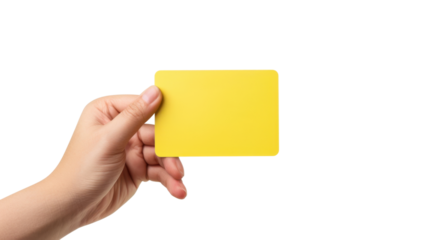 Woman hand holding yellow card on transparent background