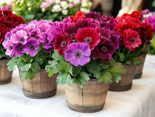 Fototapeta premium Vibrant Blooming Anemone Flowers in Rustic Wooden Pots on Bright Table Surrounded by Green Leaves and Floral Decor