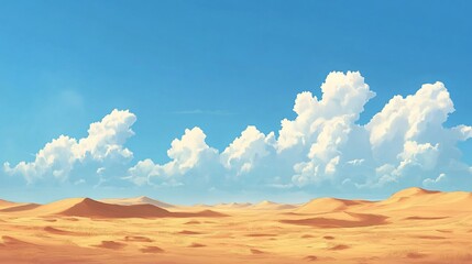 Serene desert landscape with billowing clouds against a clear blue sky