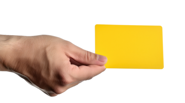 Hand holding yellow card on transparent background