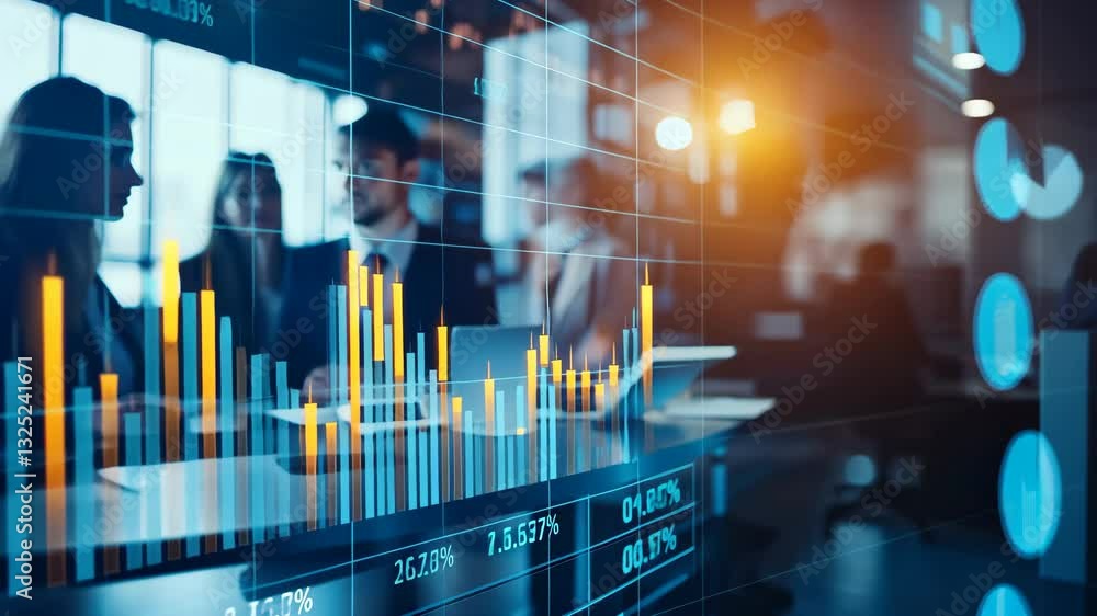 Poster dynamic business meeting analyzing data with financial graphs and technology interface