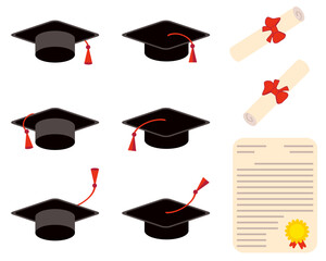 Graduation caps and diploma certificate clipart collection. Perfect for stickers, labels, cards. Hand drawn vector illustration.