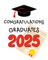 Congratulations graduates 2025 text, graduation cap and diploma certificate. Perfect for stickers, labels, cards. Hand drawn vector illustration.
