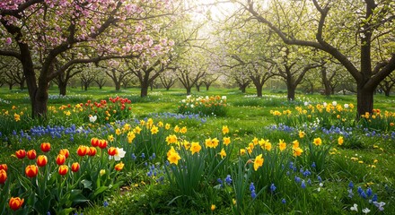 Vibrant Spring Orchard Blossoms Sunlight. AI Generated