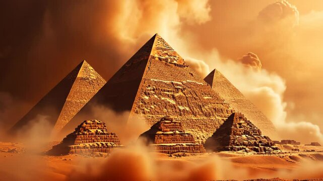 Egyptian pyramids rise against desert sands, an artistic creation with artificial intelligence assistance, Ai Generated.