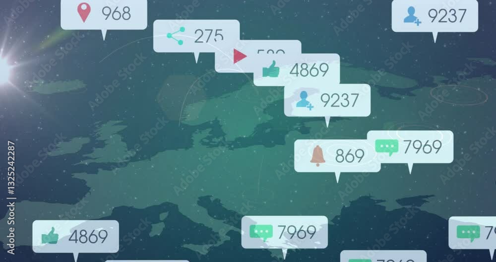 Poster social media notifications and interactions animation over world map background