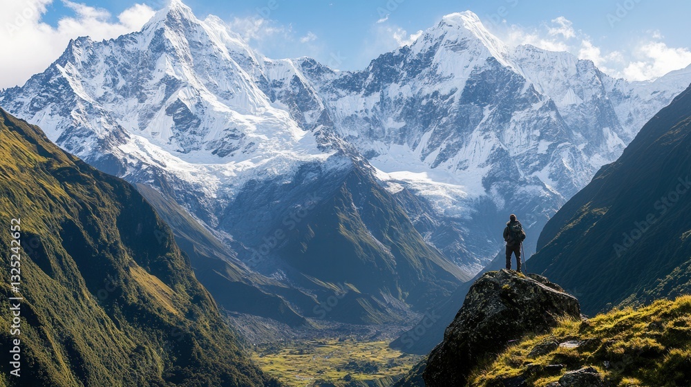 Poster majestic mountain range with snow-capped peaks and hiker enjoying the breathtaking view in a lush va