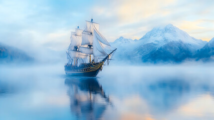 Obraz premium Majestic sailing vessel glides through tranquil, misty mountain lake