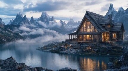 Fototapeta premium A rustic log cabin with huge windows and a wraparound porch, overlooking a tranquil lake surrounded by sharp mountains
