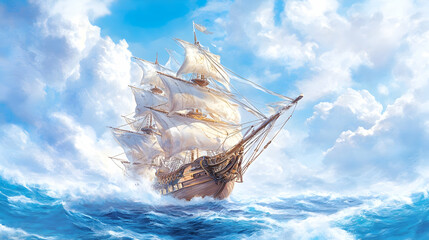 Majestic sailing vessel navigating through a dramatic sky