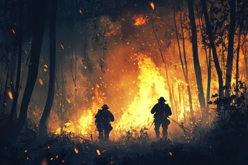Fototapeta premium Firefighters,wildfire crew,forest fire response.Firefighters battling towering flames in a dense forest, their silhouettes illuminated by the fiery glow as smoke billows into the sky