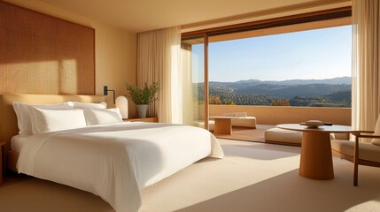 Bright and Serene Bedroom Interior with Panoramic View of Nature,3D rendering