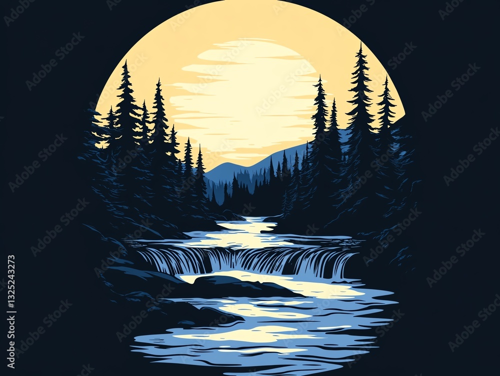 Poster sunset reflection on a tranquil river surrounded by pine trees and mountains in a serene natural set