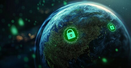 Digital security concept with green lock icons overlaying a global map depicting cybersecurity and data protection across the Earth at night