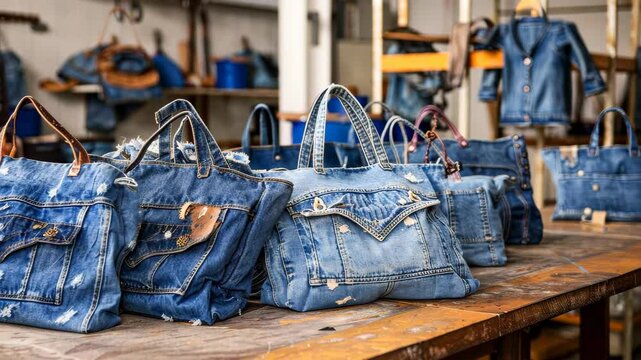 Handbags crafted from repurposed old jeans on a dressmaker's table, Ai Generated