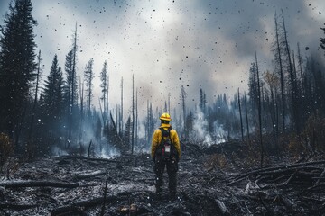 Forest fire response,firefighters,wildfire crew.A lone firefighter standing in the charred remains of a forest, surveying the aftermath of a wildfire with ash falling like snow around them