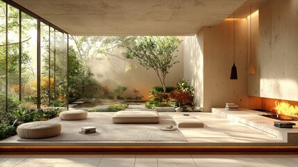 Fototapeta premium Sunlit minimalist zen garden room interior with cushions, fireplace, and plants.