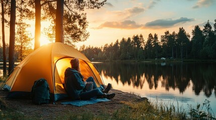 Lakeside camping, sunset view from tent