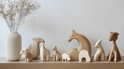 Handmade wooden animal toys in a minimalist eco-friendly playroom