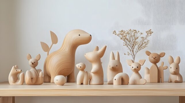 Handmade wooden animal toys in a minimalist eco-friendly playroom