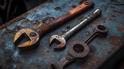 Three vintage wrenches are resting on a weathered metallic surface