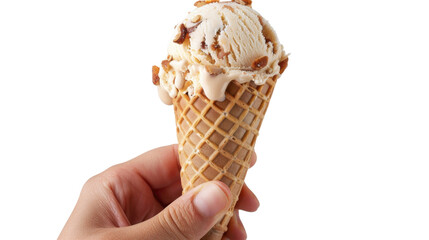 Hand holding melting ice cream with nuts on transparent background