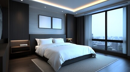 Elegant Bedroom Design with Soft Lighting and Modern Aesthetic View,3D rendering