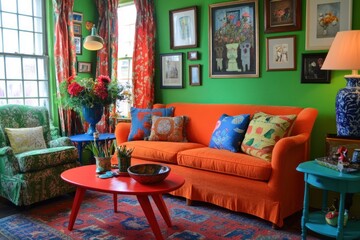 Vibrant living room with orange sofa, green walls, and colorful accents. (1)