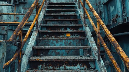 An aged and weathered metal staircase with rusted handrails