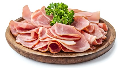 Wooden plate with slices of delicious ham